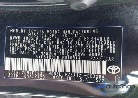 2020 Toyota Corolla Se from USA, damaged, VIN 5YFS4RCE8LP040944